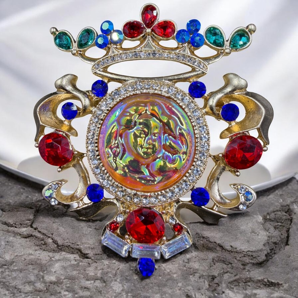 Royalcore Jeweled Crown‎ Medallion Brooch Red Blue Gold Statement Vintage Style